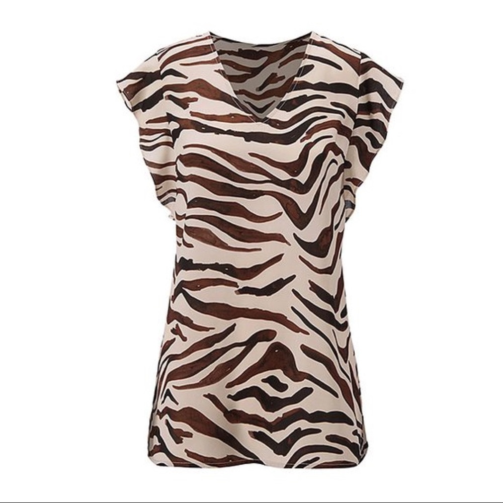CAbi Zebra Print Watercolor Ruffle Sleeve Top Sz S